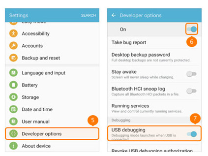 USB Debug Mode on Samsung Galaxy S5/S6/S72