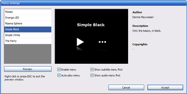 Menu Settings of DVD Flick