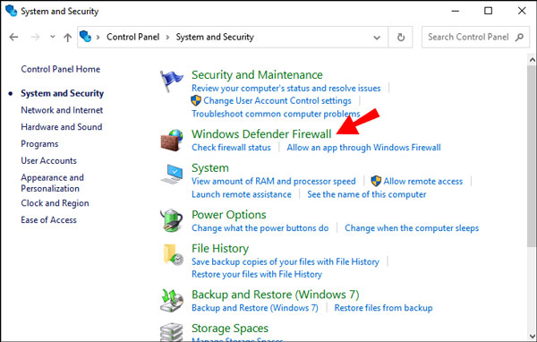 Choose Windows Defender Firewall