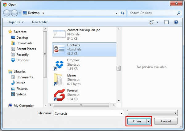 Choose Contact Vcard File