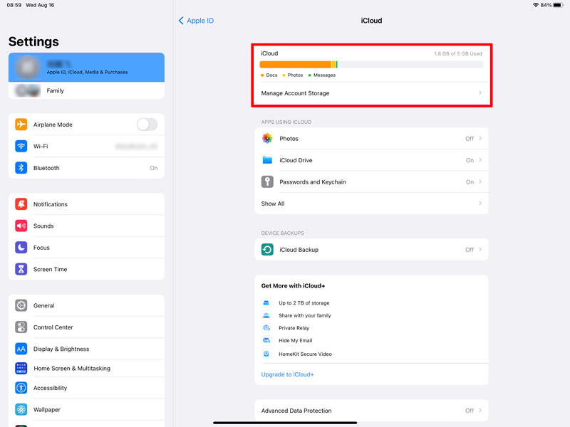 Check Manage iCloud Storage on iPad