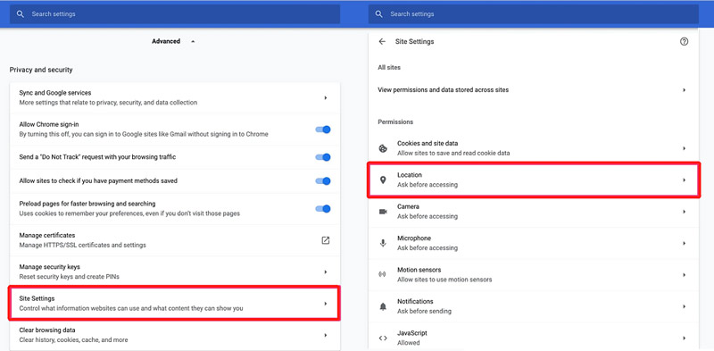 Google Chrome Site Settings Location