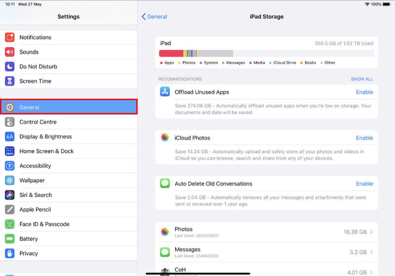 iPad Settings General iPad Storage