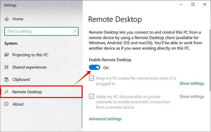 Enable Remote Desktop Settungs