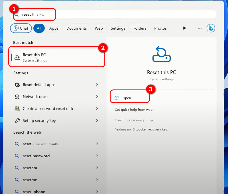 Search Reset This PC