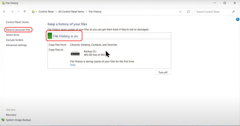 Click Restore Personal Files