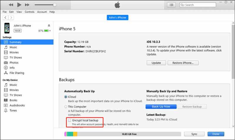 iTunes Encrypt Local Backup