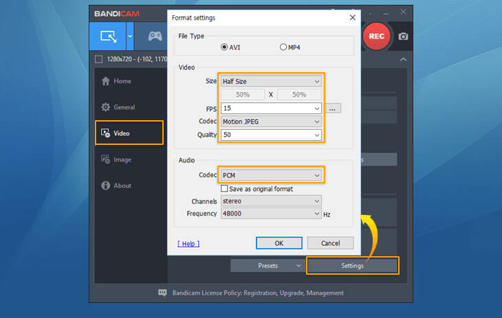 Change the Bandicam Settings