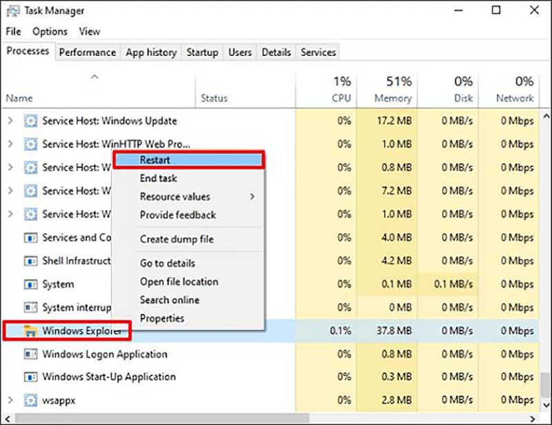 Restart Windows Explorer Task Manager