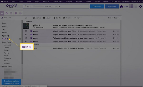 Recover lost or deleted emails in yahoo trash