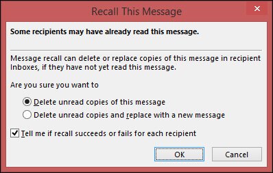 Recalling Options in Outlook 2016