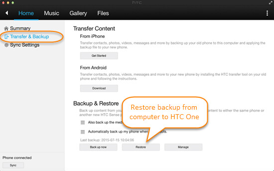 Restore HTC with HTC Sync Manager