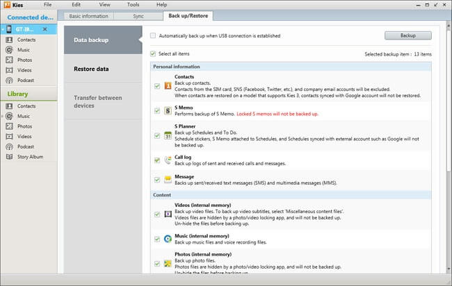 Backup Android in Samsung Kies