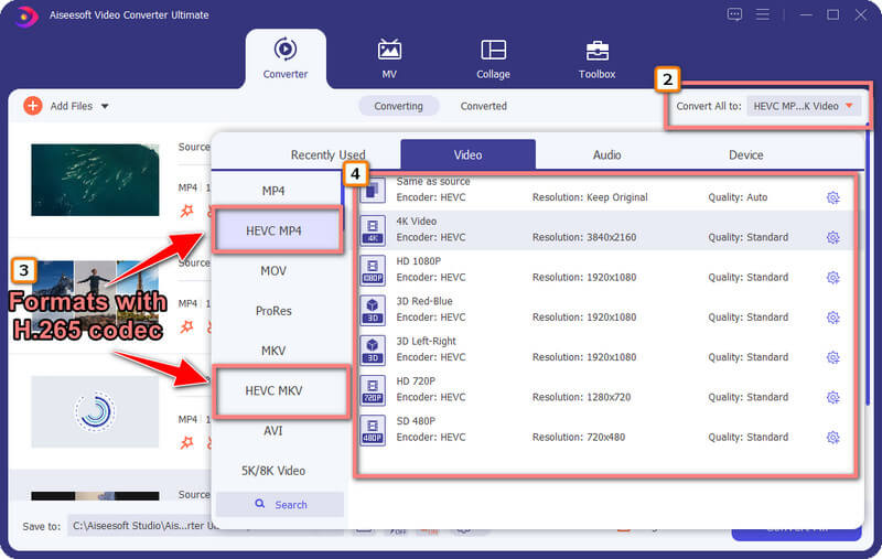 Select H.265 Output Formats