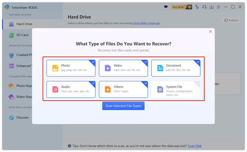 Tenorshare 4ddig Select Data Types To Recover