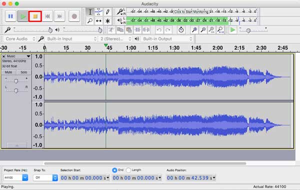 Stop recording audio with Audacity