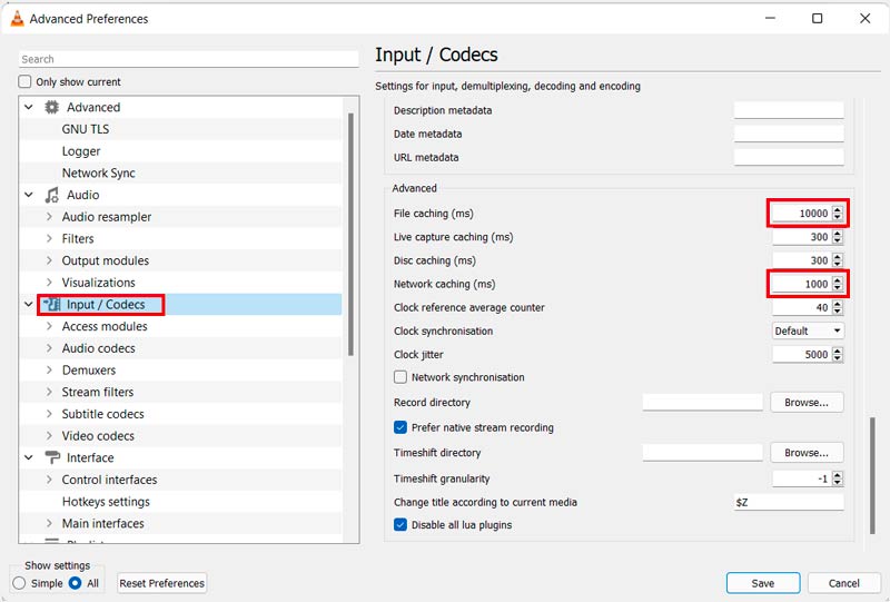 Increase VLC FIle Network Caching Size