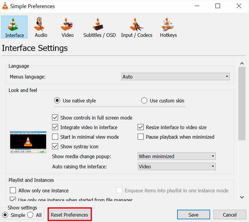 Reset Preferences VLC