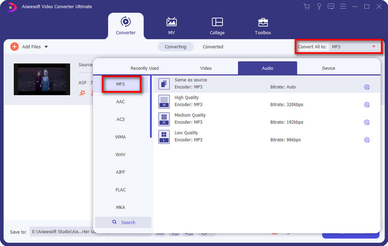 Set MP3 as the output format