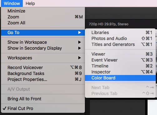 Go to Color Board in Final Cut Pro